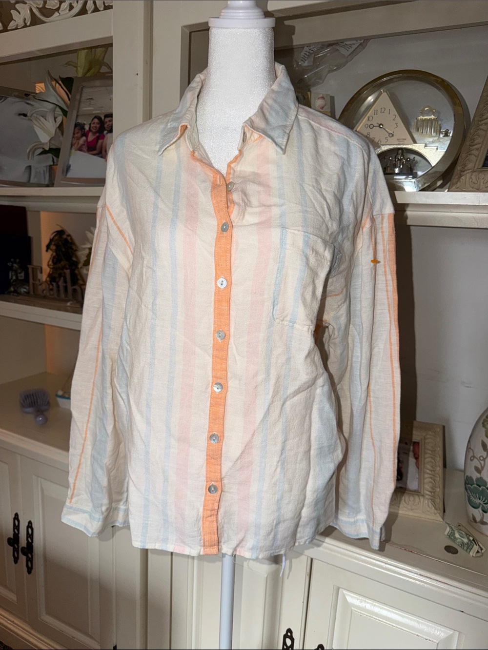 Cynthia Rowley Cream Button-Down Shirt with Pastel Stripes
